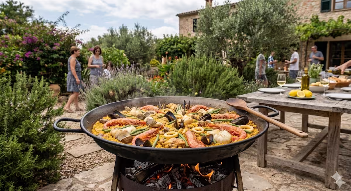 una paella española en un jardin de eventos con prsonas degustando y compartiendo