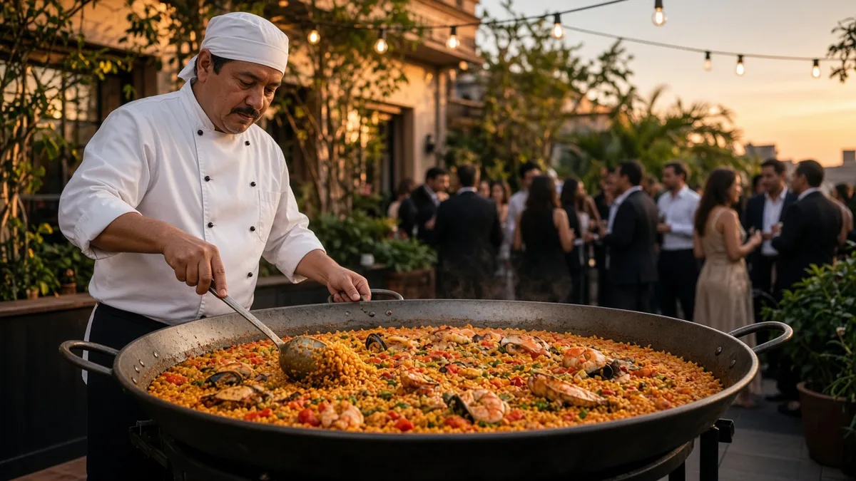 Paellero sirviendo una paella grande en una terraza de eventos en la Ciudad de México